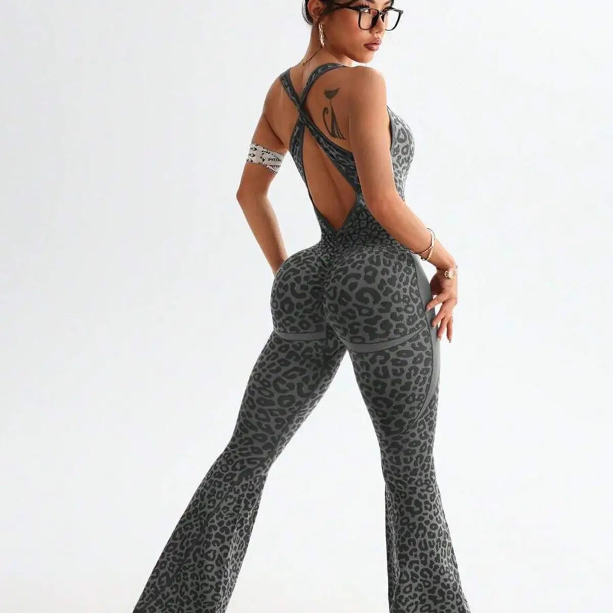 Women's Leopard Print Polyester Workout Jumpsuit with Flared Full Length Legs