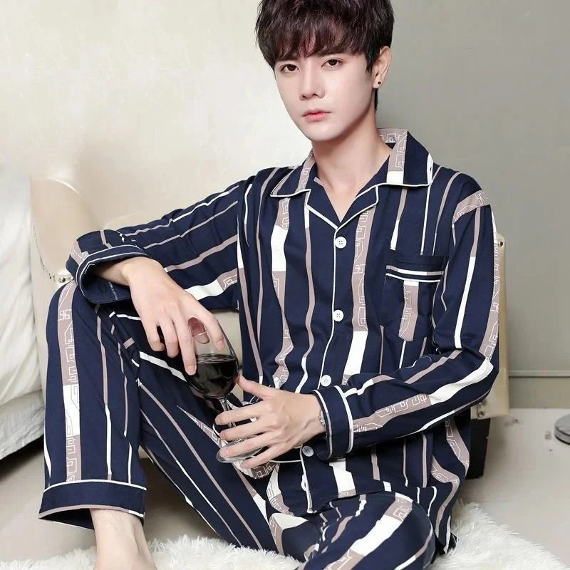Men's Striped Button Front Long Sleeve Shirt and Pants Pajama Set