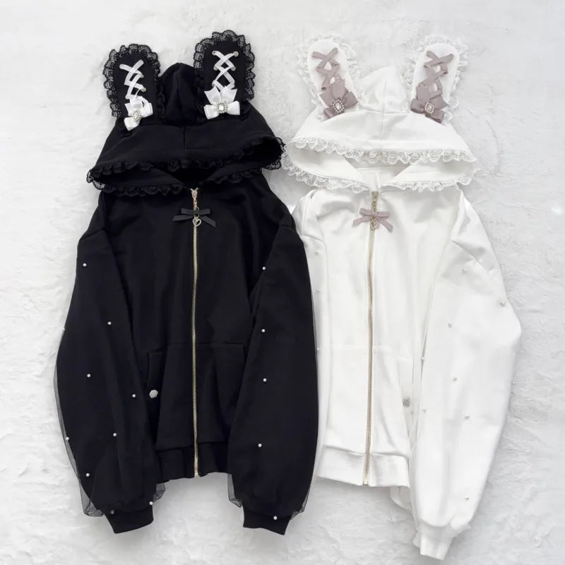 Rabbit Ear Long Sleeve Full Zip Casual Hoodie