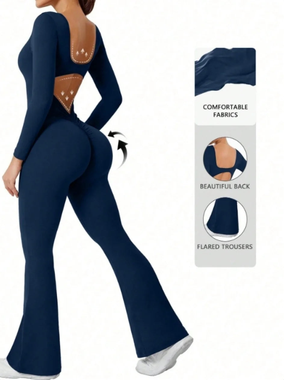 Women's Long Sleeve Nylon Blend Flared Workout Jumpsuit with Double Back Cutouts