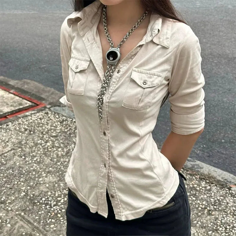 Women's Fitted Half Sleeve Double Pocket Shirt
