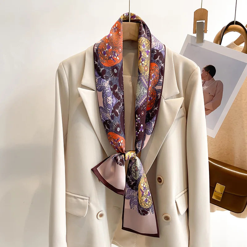 Printed Long Narrow Scarf with Decorative Ribbon Shape