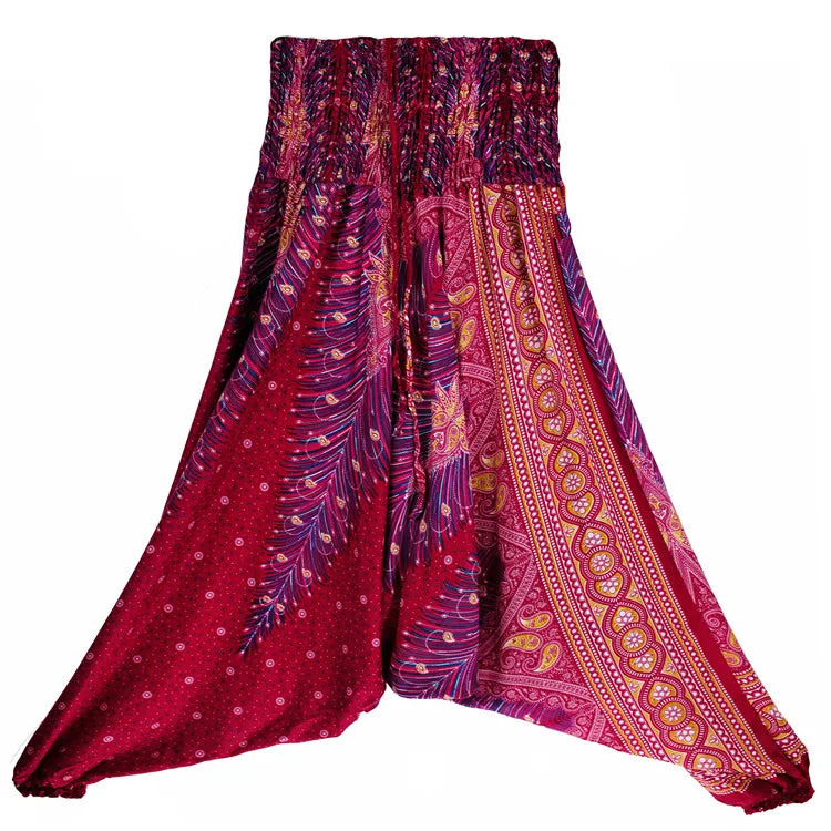 Women's Printed Nylon Harem Pants with Smocked Waist and Convertible Styling
