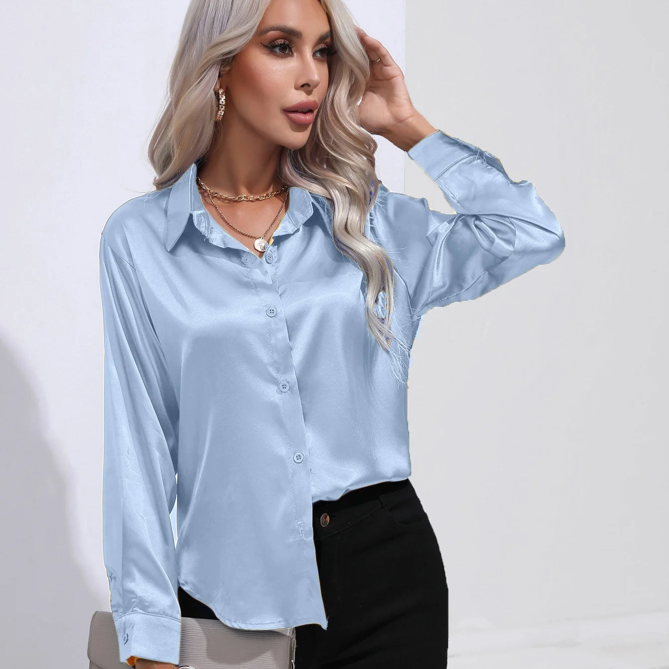 Women's Button Front Satin Look Shirt