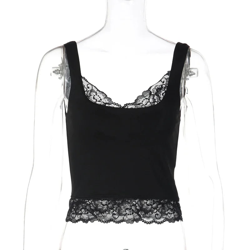 Women's Lace Panel Polyester Crop Tank Top with a Rounded Neckline