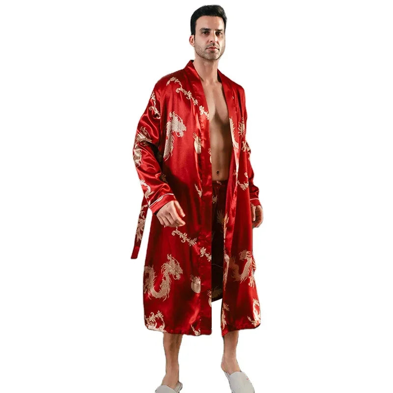 Men's Dragon Print Satin Long Sleeve Tie Waist Bathrobe