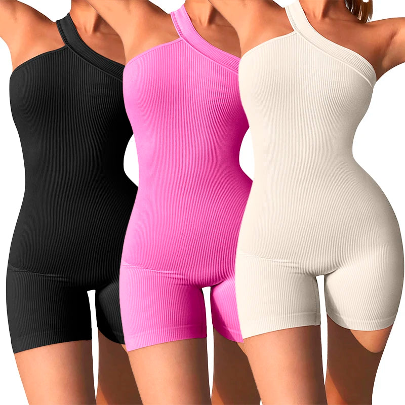 Women's One Shoulder Ribbed Nylon Blend Romper with Fitted Short Legs