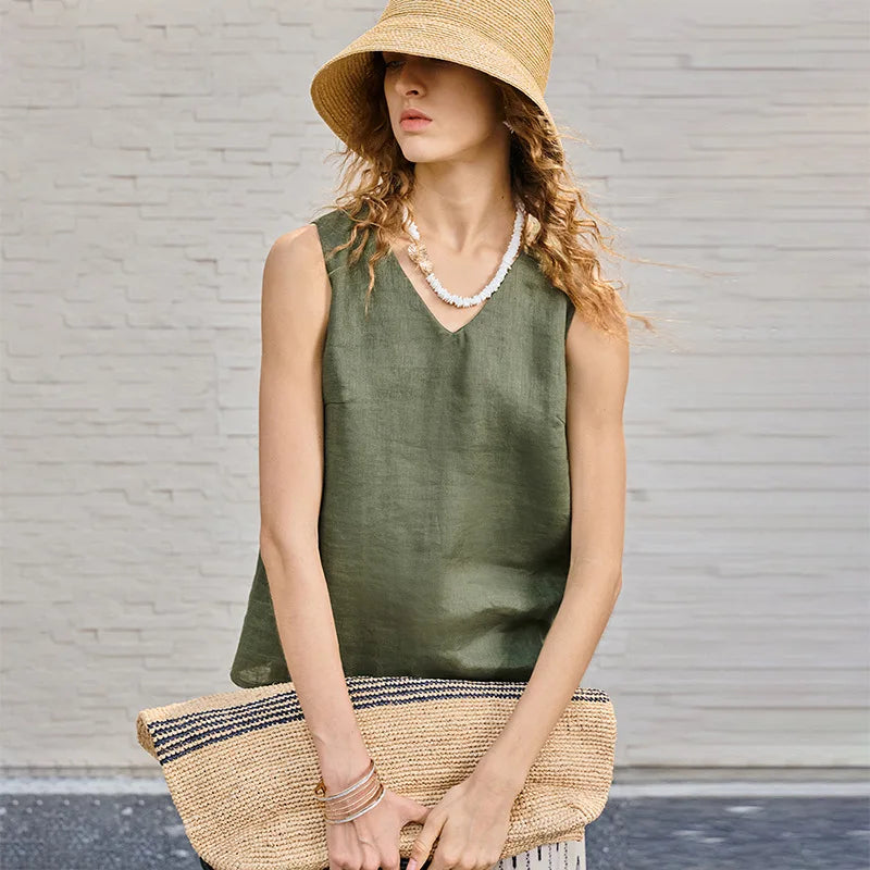 Women's Linen Sleeveless V-Neck Relaxed Tank Top for Casual Summer Everyday Outfits