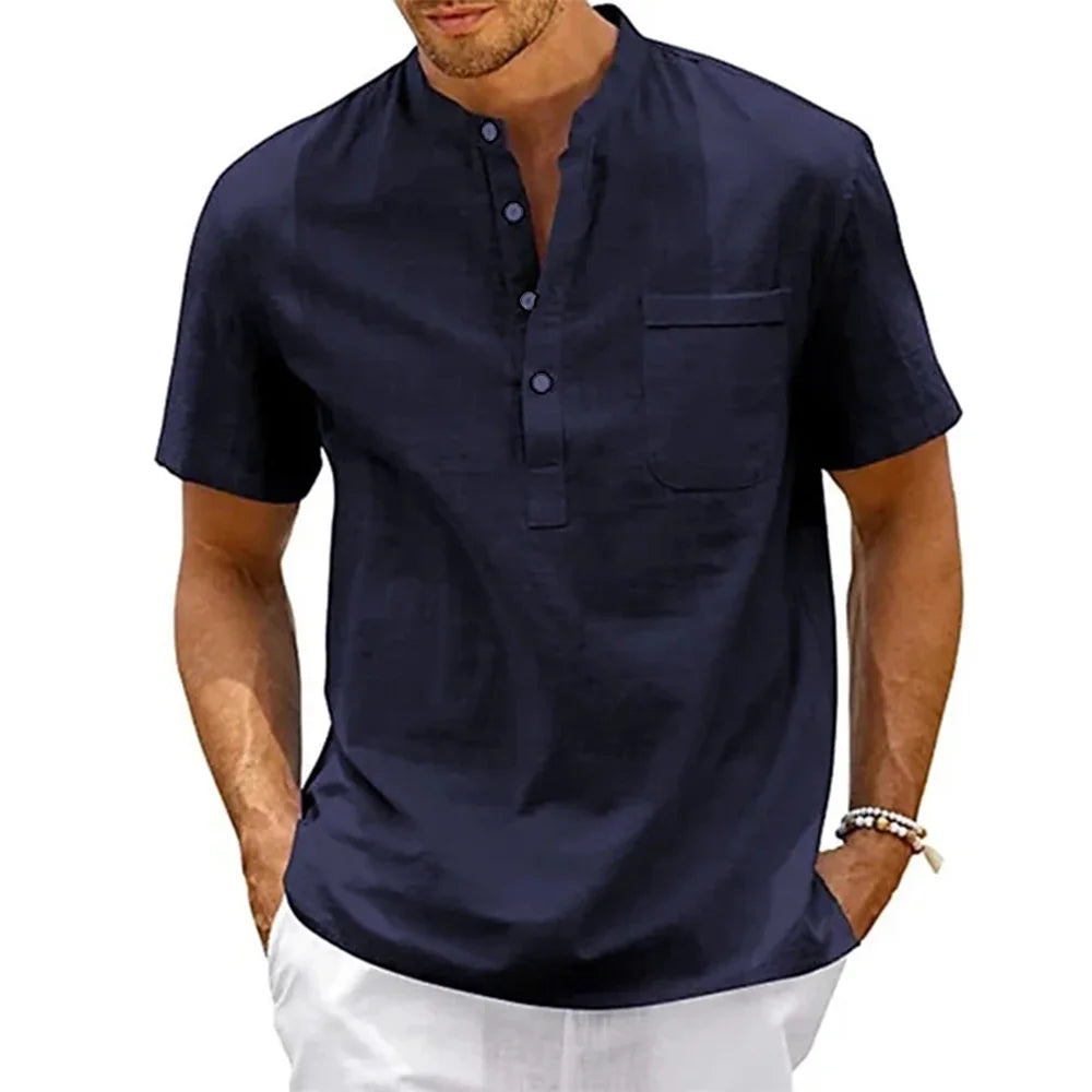 Men’s Short-Sleeve Cotton-Linen Henley Shirt