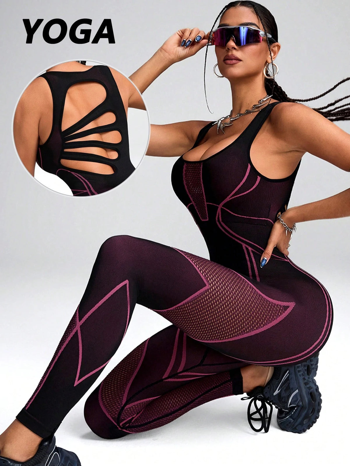 Women's Mesh Inset Nylon Blend Workout Jumpsuit with Contour Seams and Back Cutout