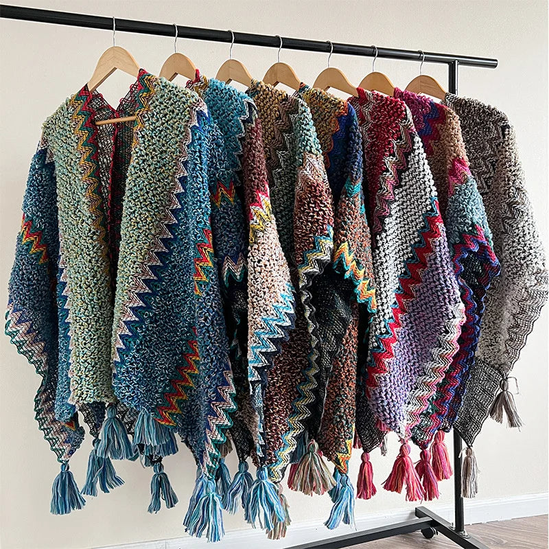 Zigzag Knit Tassel Poncho for Layering over Outfits