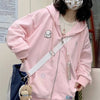 Harajuku Kawaii Pink Zip Up Hoodie Women Sweet Cute Cartoon Beige Hooded Sweatshirts Oversize Korean Fleece Girly Blue Top