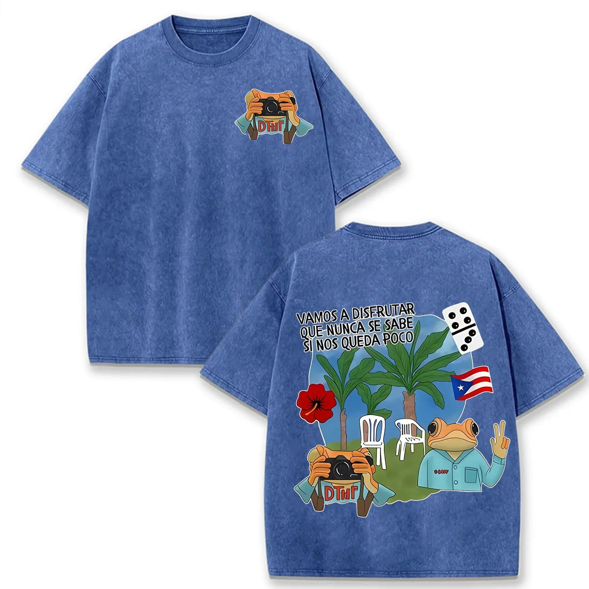 Puerto Rico Flag Frog Vamos A Disfrutar Quote Print Washed Beige Travel Lover T-shirt