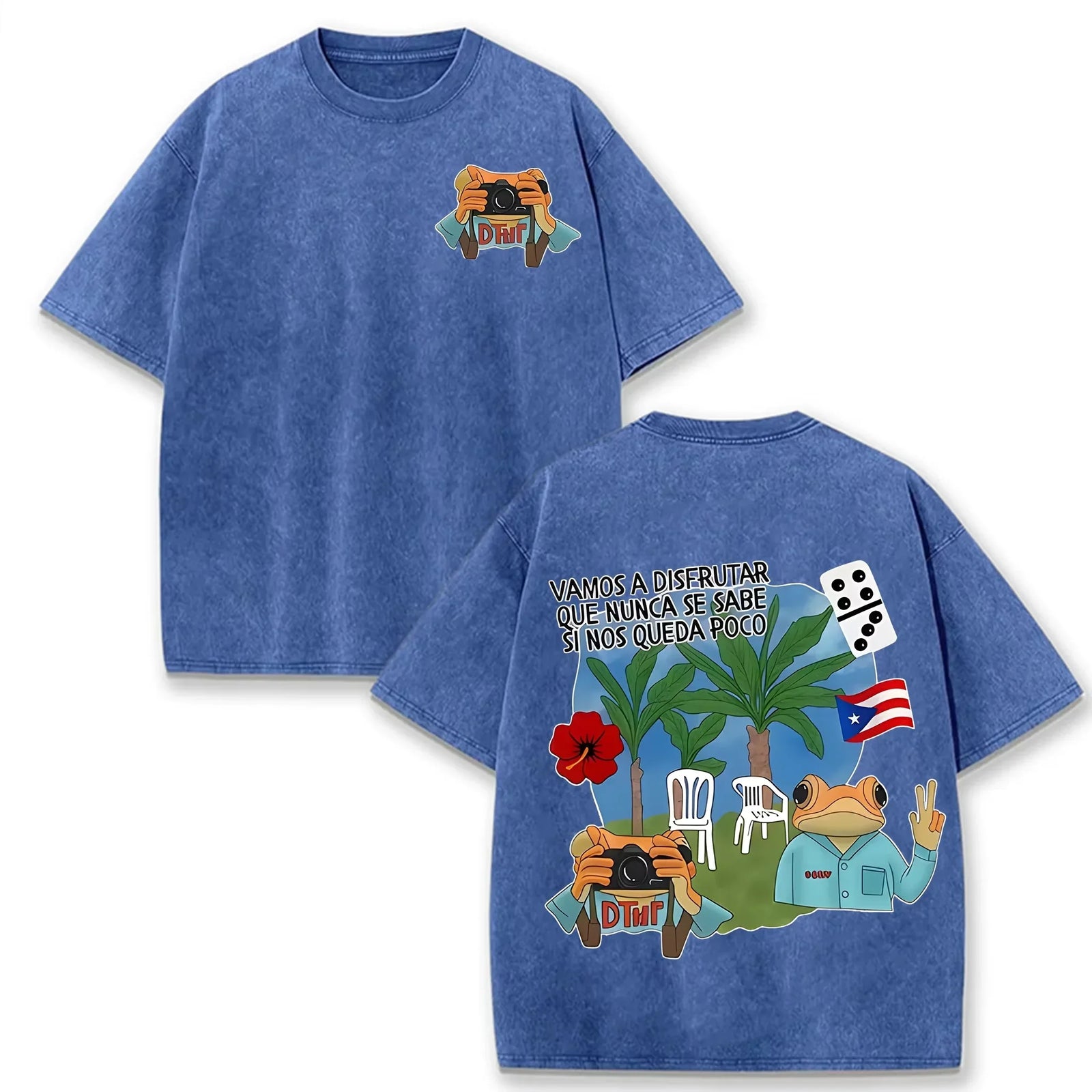 Puerto Rico Flag Frog Vamos A Disfrutar Quote Print Washed Beige Travel Lover T-shirt