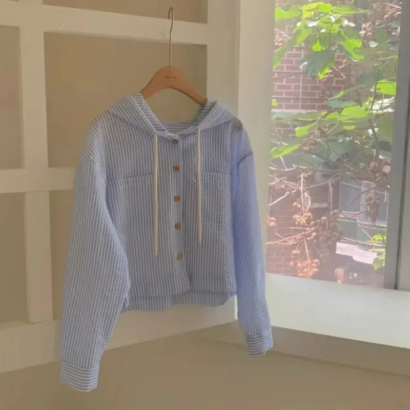 Women's Striped Hooded Cropped Button Front Shirt