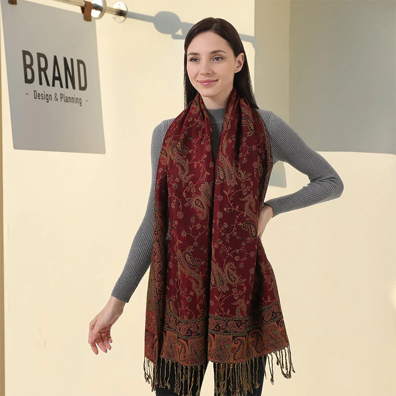 Paisley Floral Print Long Scarf with Fringed Ends