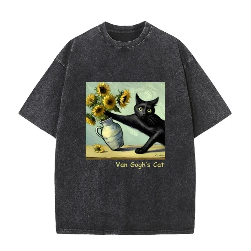 Funny  s Cat Sunflower Art Print Vintage Washed Black Casual Top