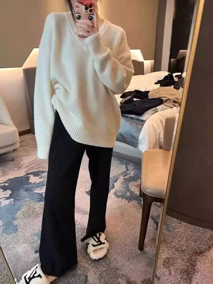 V-neck 100 pure wool sweater for women in autumn and winter, loose and thick sweater, long-sleeved knitted top