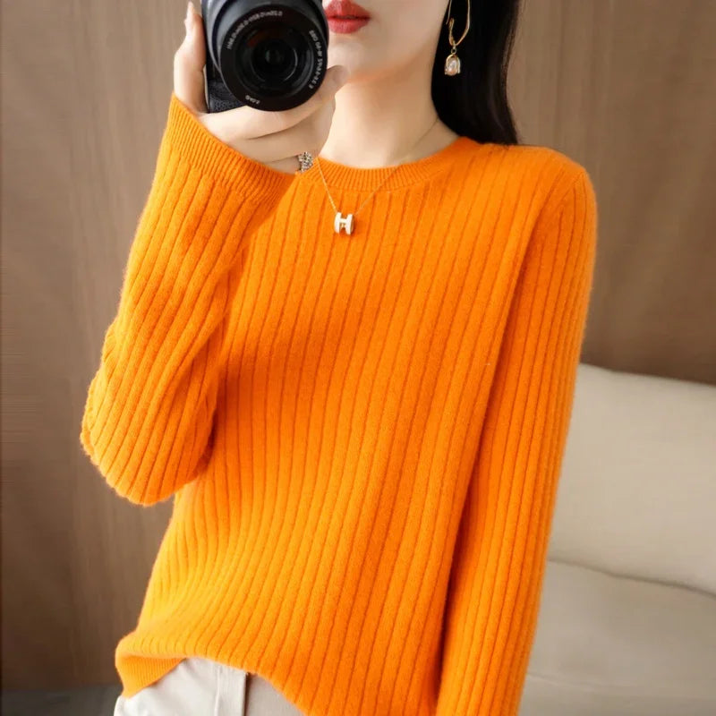 Women's Ribbed Crew Neck Long Sleeve Sweater Casual Knit Layer