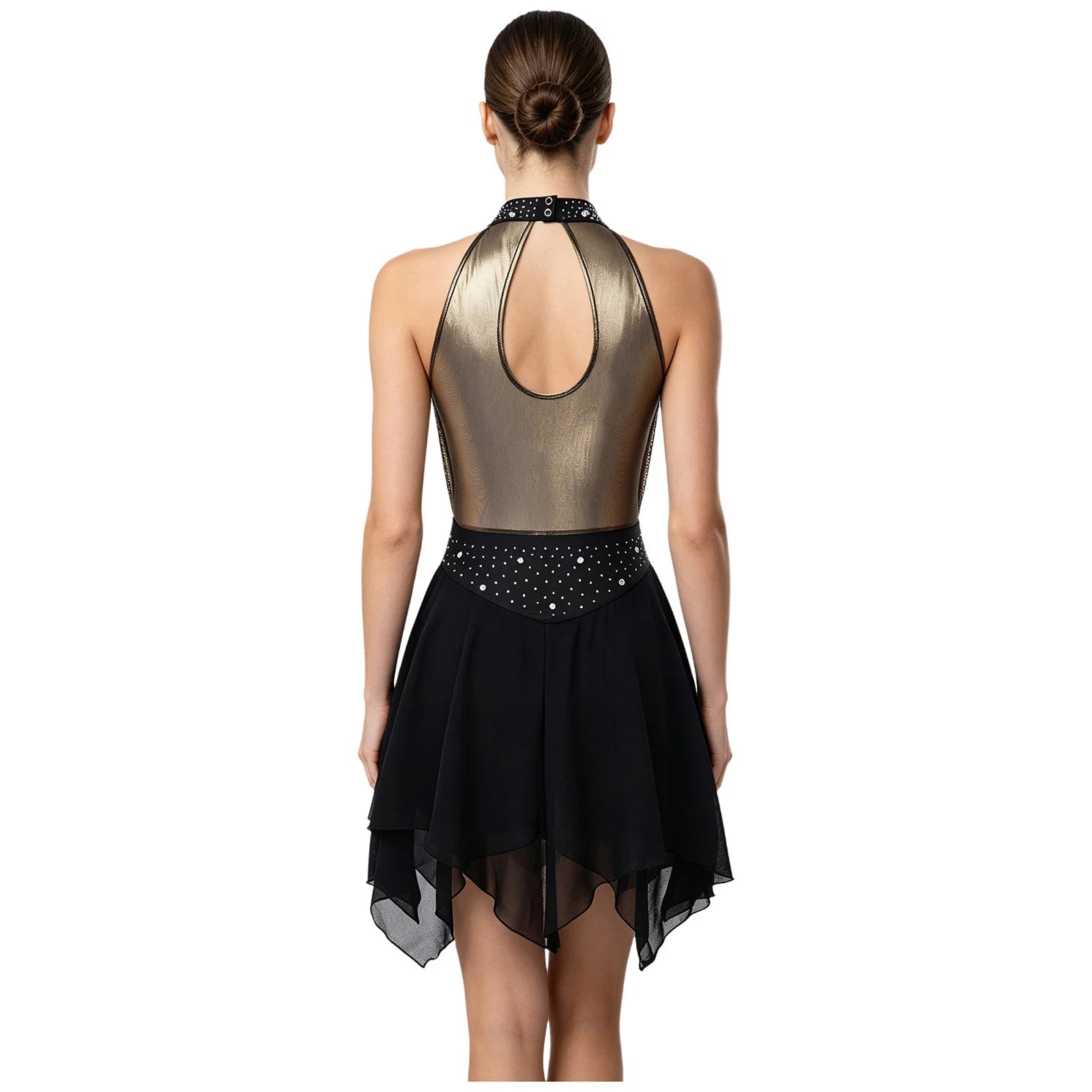 Women's Halterneck Metallic Dance Dress with Rhinestones and Asymmetric Skirt