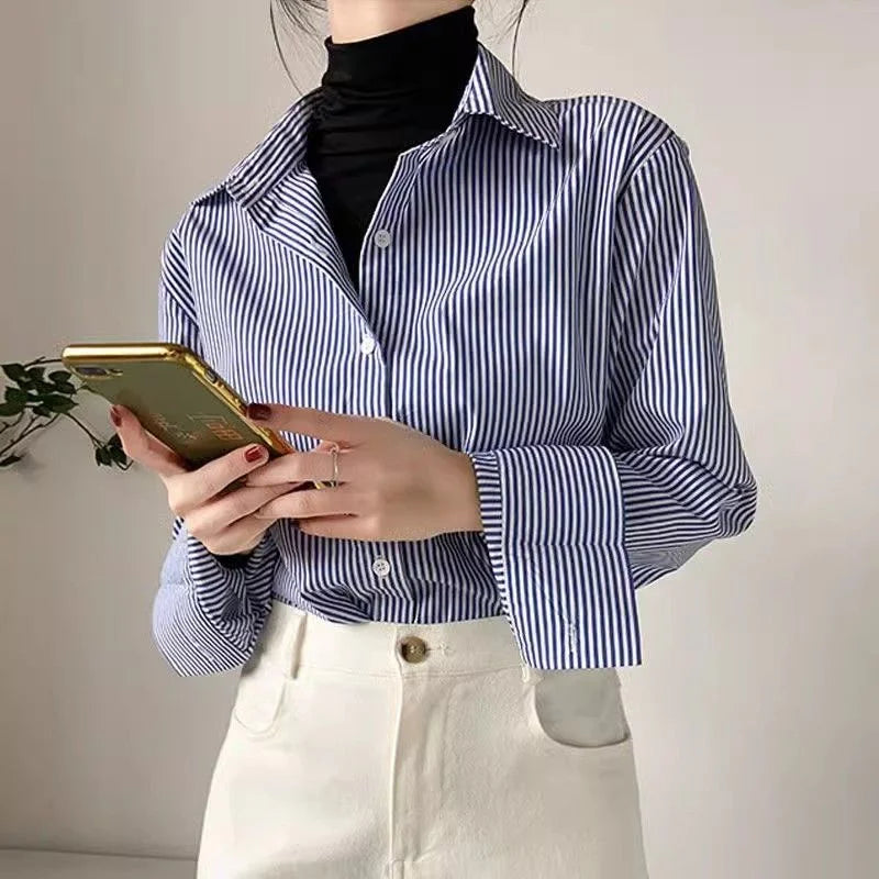 Women's Striped Collared Long Sleeve Button Front Shirt