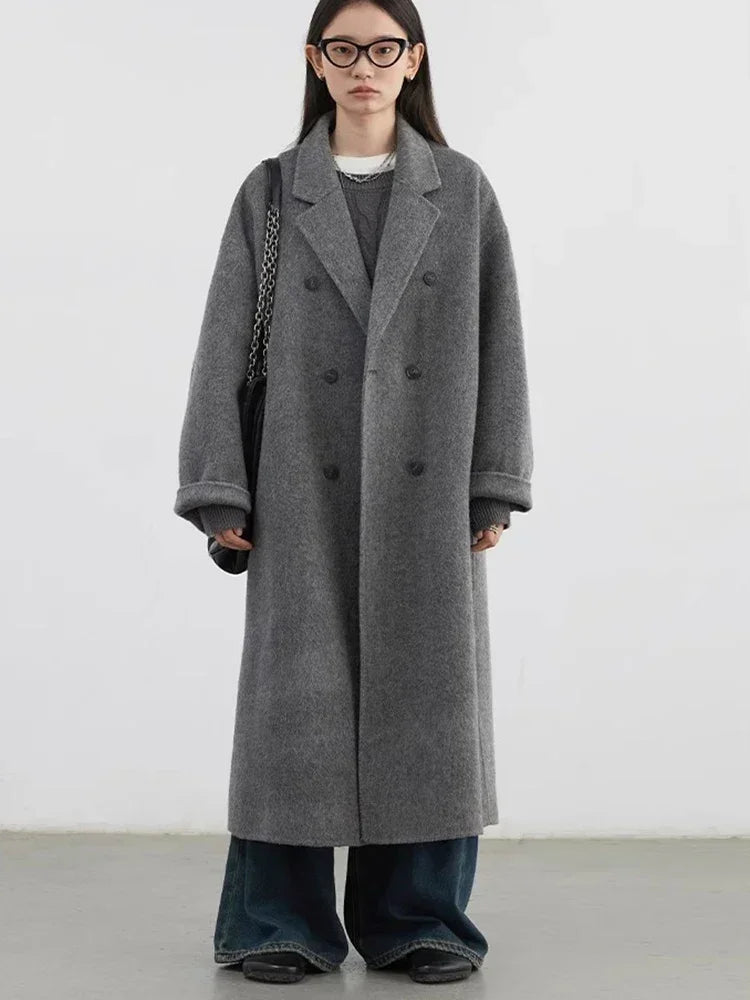 Women's Long Double Breasted Lapel Coat for Layered Outfits
