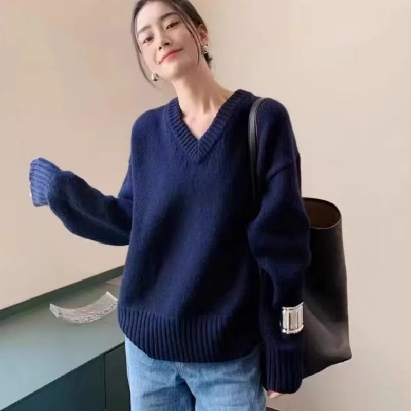 V-neck 100 pure wool sweater for women in autumn and winter, loose and thick sweater, long-sleeved knitted top