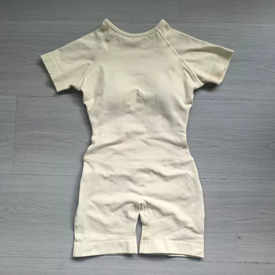 Women's Short Sleeve Polyester Blend Workout Romper with Open Back