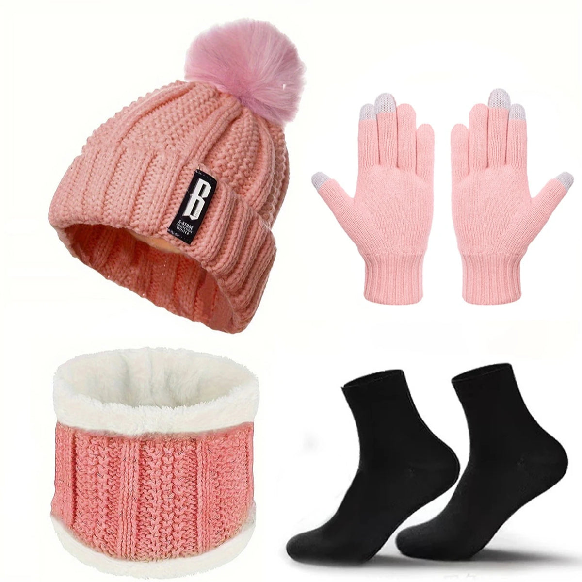 Winter Beanie Hat Gloves Scarf and Socks Set for Adult Wear