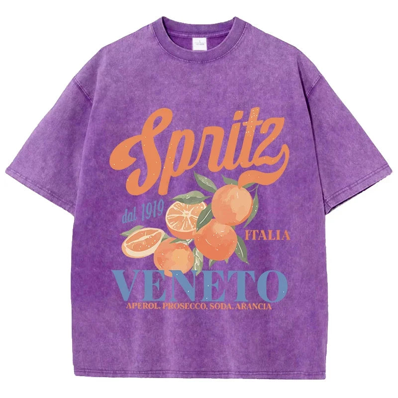 Orange Fruit Printed Washed T-shirt for Men Cotton T-shirt with Holes Round Neck Comfortable Top for Summer Men's Wear