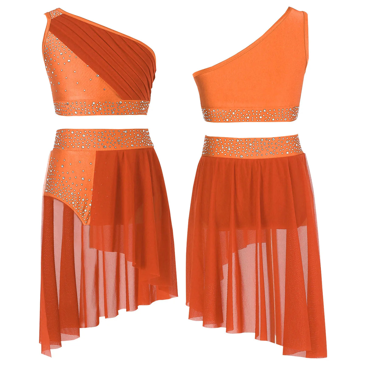 Girls' Lyrical Dance Costume Styles with Rhinestones and Skirted Outfit Options