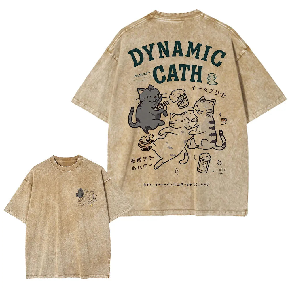 Japanese Cat Cartoon Graphic Baggy T-Shirt Men Streetwear