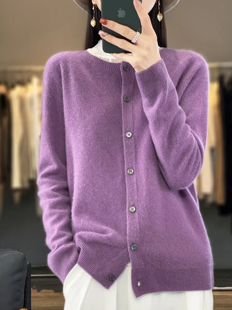 Women's Crew Neck Button Front Cardigan Casual Knit Layer
