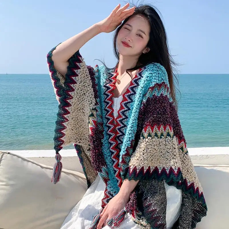 Zigzag Knit Fringe Poncho for Layering over Outfits
