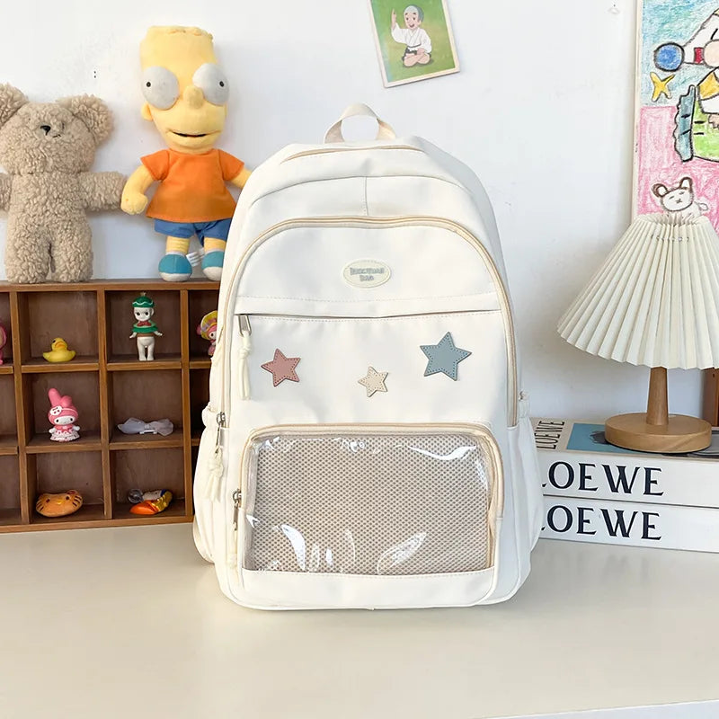 Star Detail Student Backpack with Transparent Front Pocket and Carry Handle