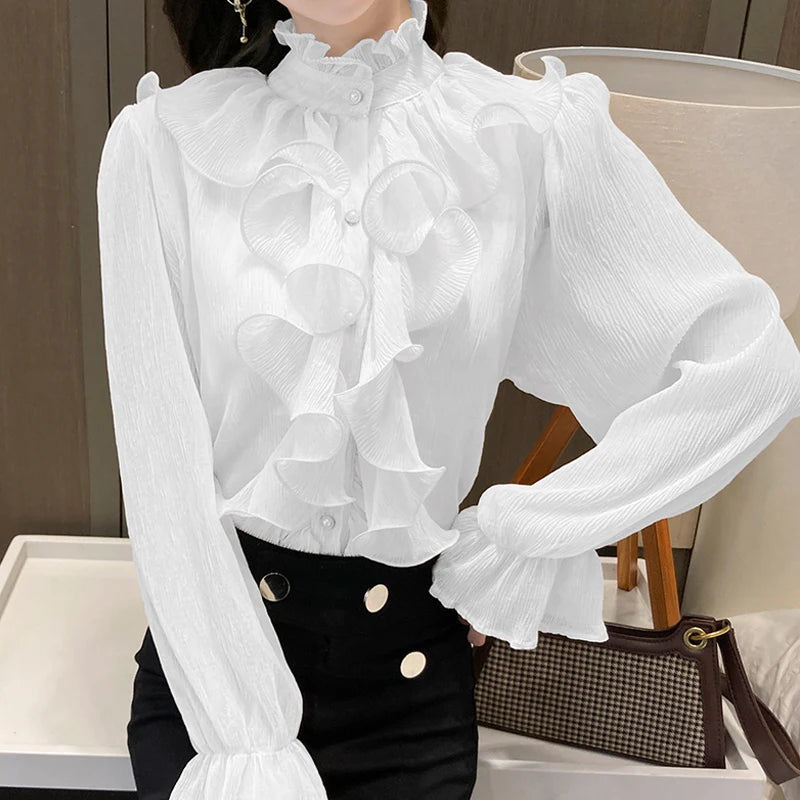 Women's Ruffled Stand Collar Long Sleeve Blouse