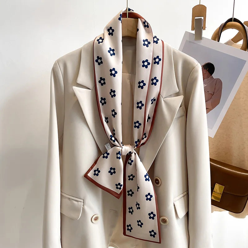 Printed Long Narrow Scarf with Decorative Ribbon Shape