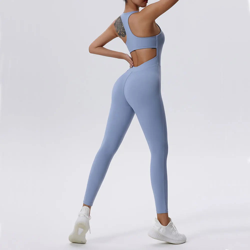 Women's Sleeveless Nylon Blend Workout Jumpsuit with Front Zip and Back Cutout