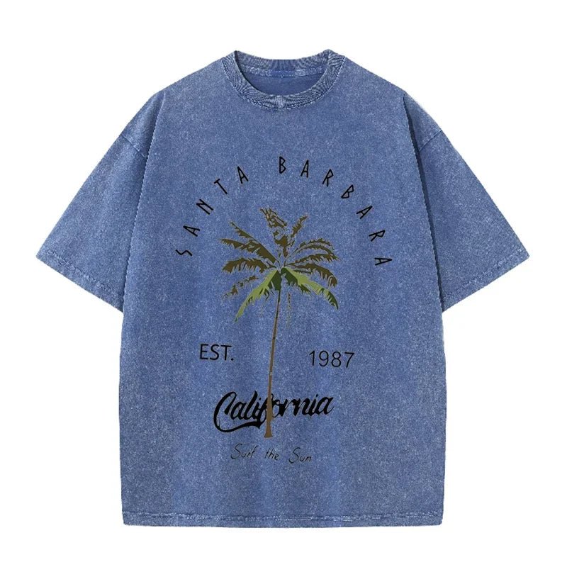 Vintage Palm Tree Print T Shirt Santa Barbara Retro Washed Cotton Tee
