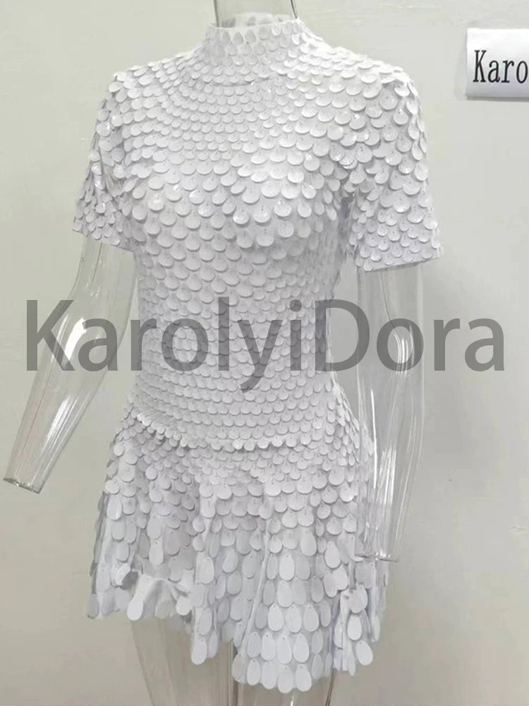 Women's Disc Sequin Mini Dance Dress with Short Sleeves and High Neck