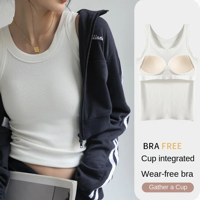 Women's Round Neck Ribbed Tank Top with Wide Straps and Padded Bust