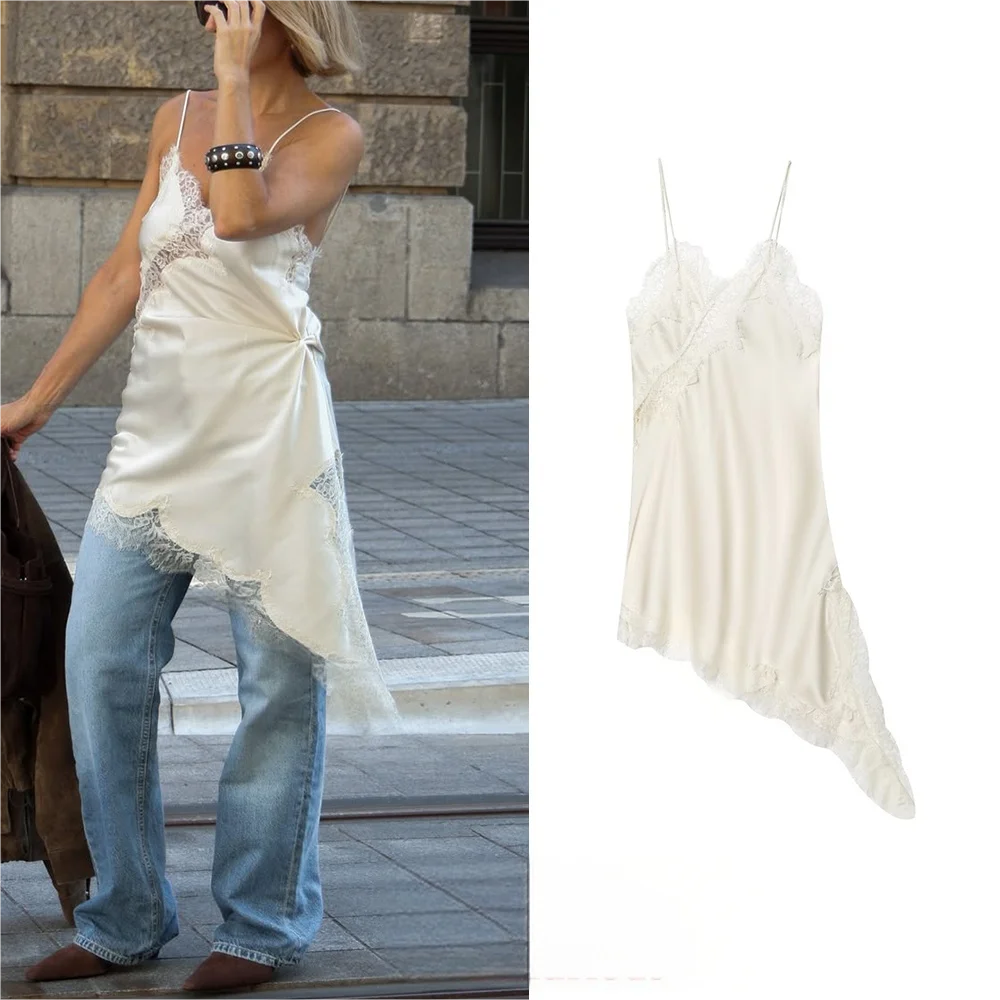 Women's Lace Trim Satin Polyester Camisole with Asymmetric Hem and Length Options