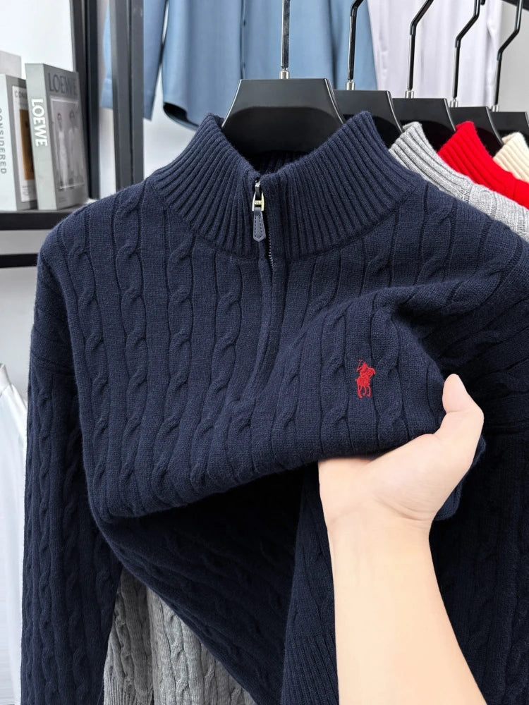 Men's Embroidered Cable Knit Quarter Zip Sweater