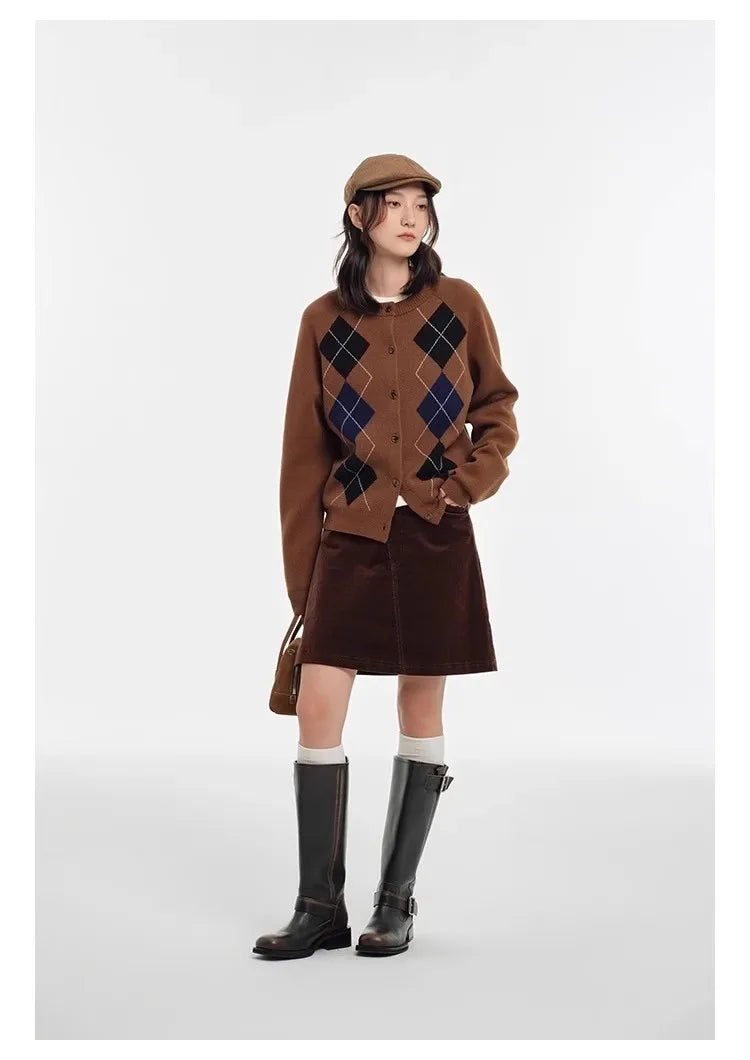 Autumn diamond-shaped cardigan women 100 pure cashmere sweater European high-end color-blocking knitted sweater coat