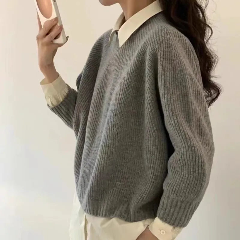 Half-open high-neck three-quarter sleeve cashmere sweater women loose cashmere sweater for autumn and winter thickened sweater