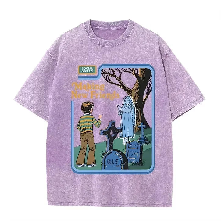 Green Acid Wash Making Friends Ghost Cemetery Vintage Halloween Tee