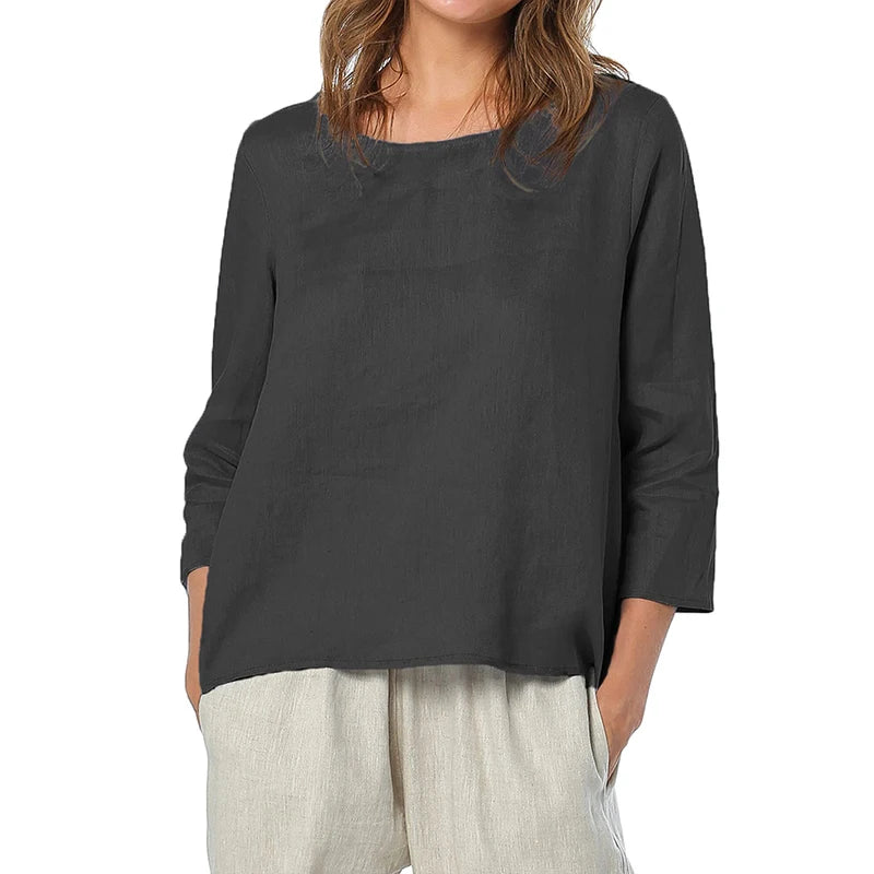 Women's Linen Loose Round-Neck Three-Quarter-Sleeve Blouse with Asymmetric Hem for Summer Outfits