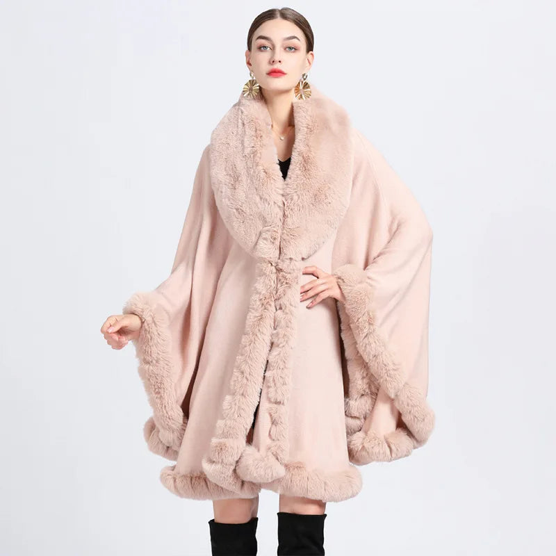 Plush Trim Hooded Poncho for Layering over Outfits