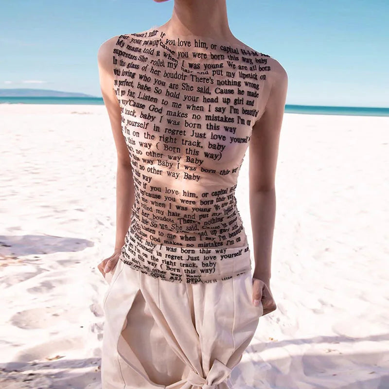 Women's Newspaper Letter Print Cotton Blend Mesh Tank with High Neck