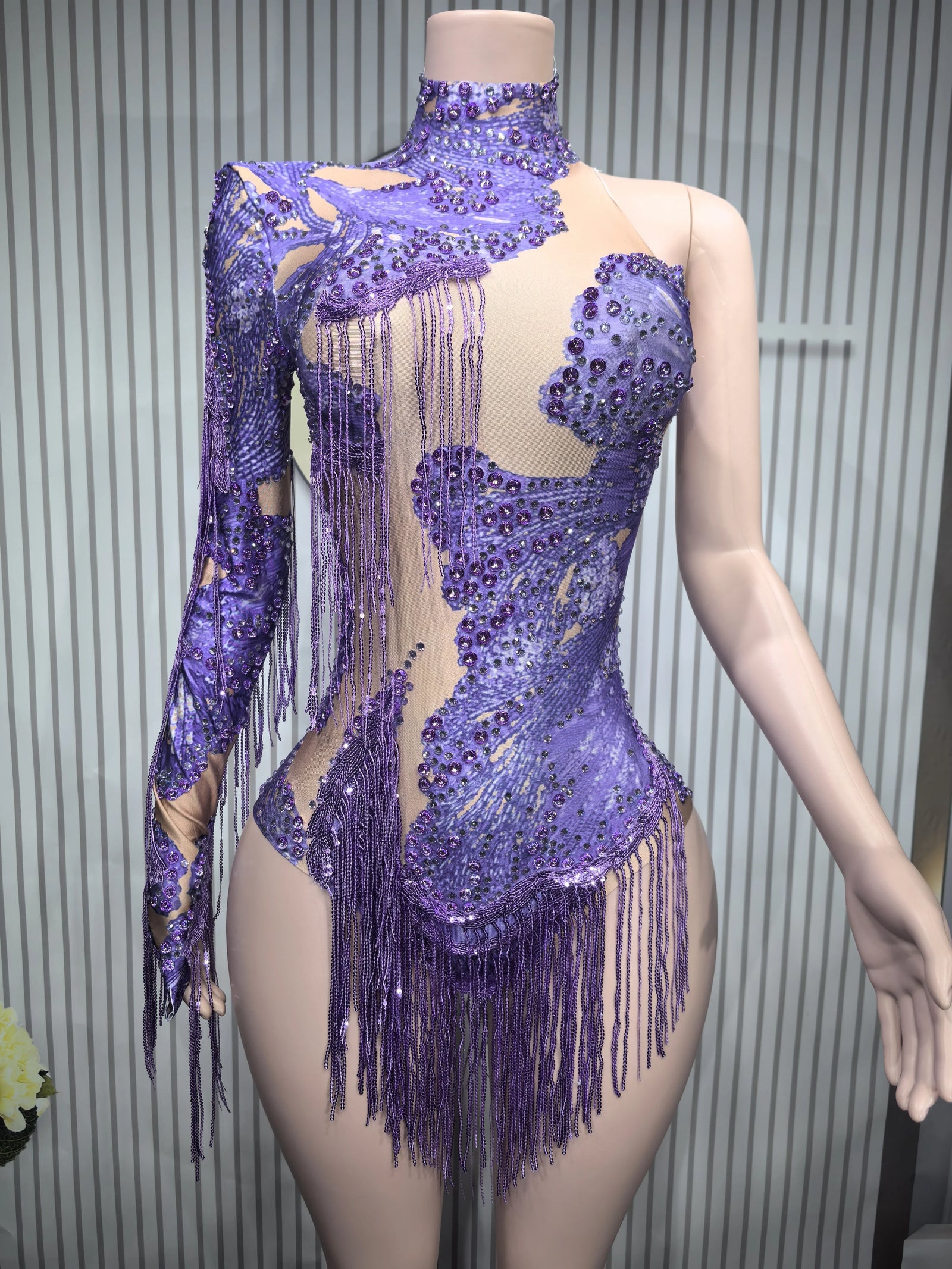 Women's Asymmetric Rhinestone Fringe Dance Bodysuit for Stage Performance Outfits